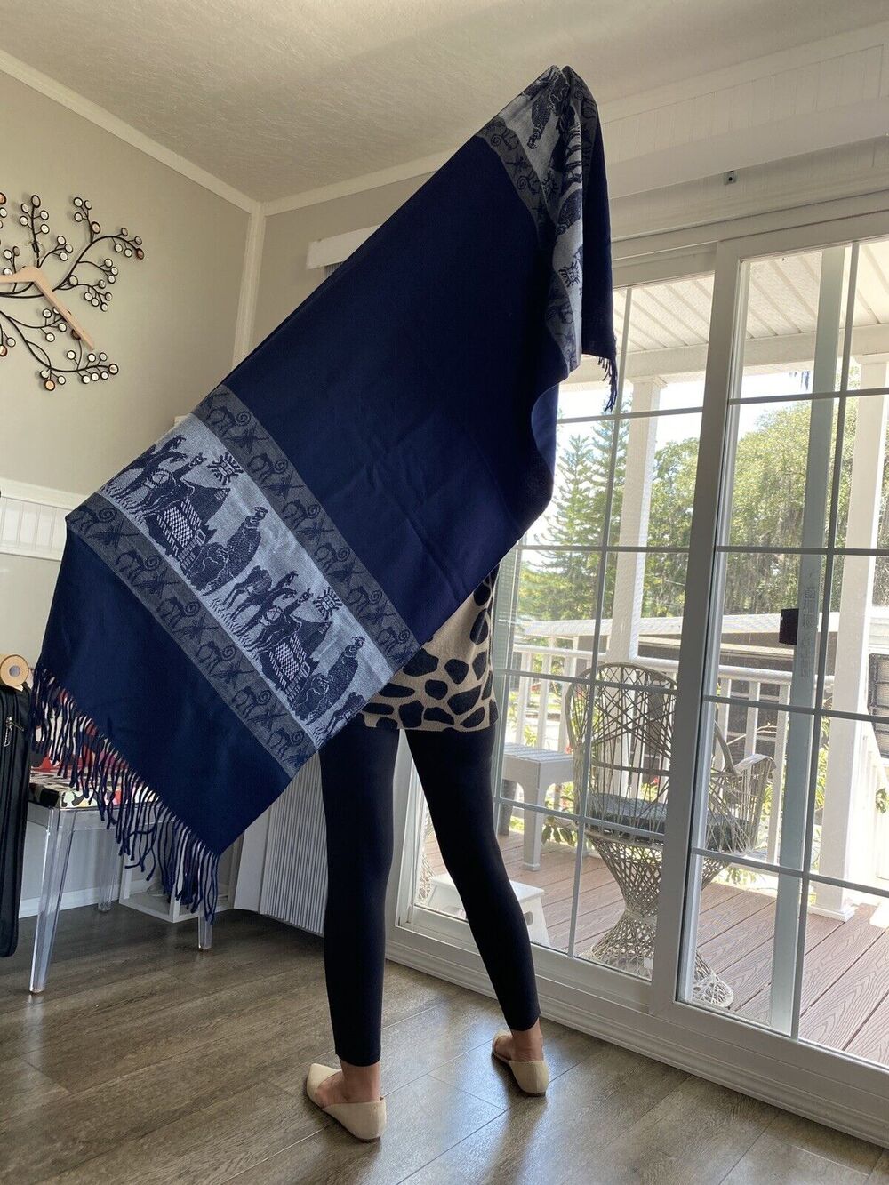 Peruvian Inca tradition weave Alpaca wool shawls / scarves - dark blue 74x25”